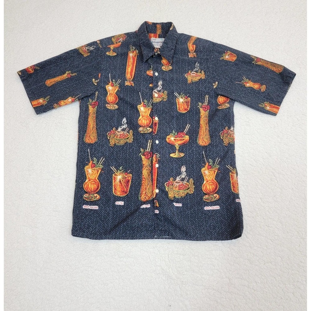 Reyn Spooner Hawaiian Shirt Mens M Black Tiki Cocktail Volcano Print Cotton